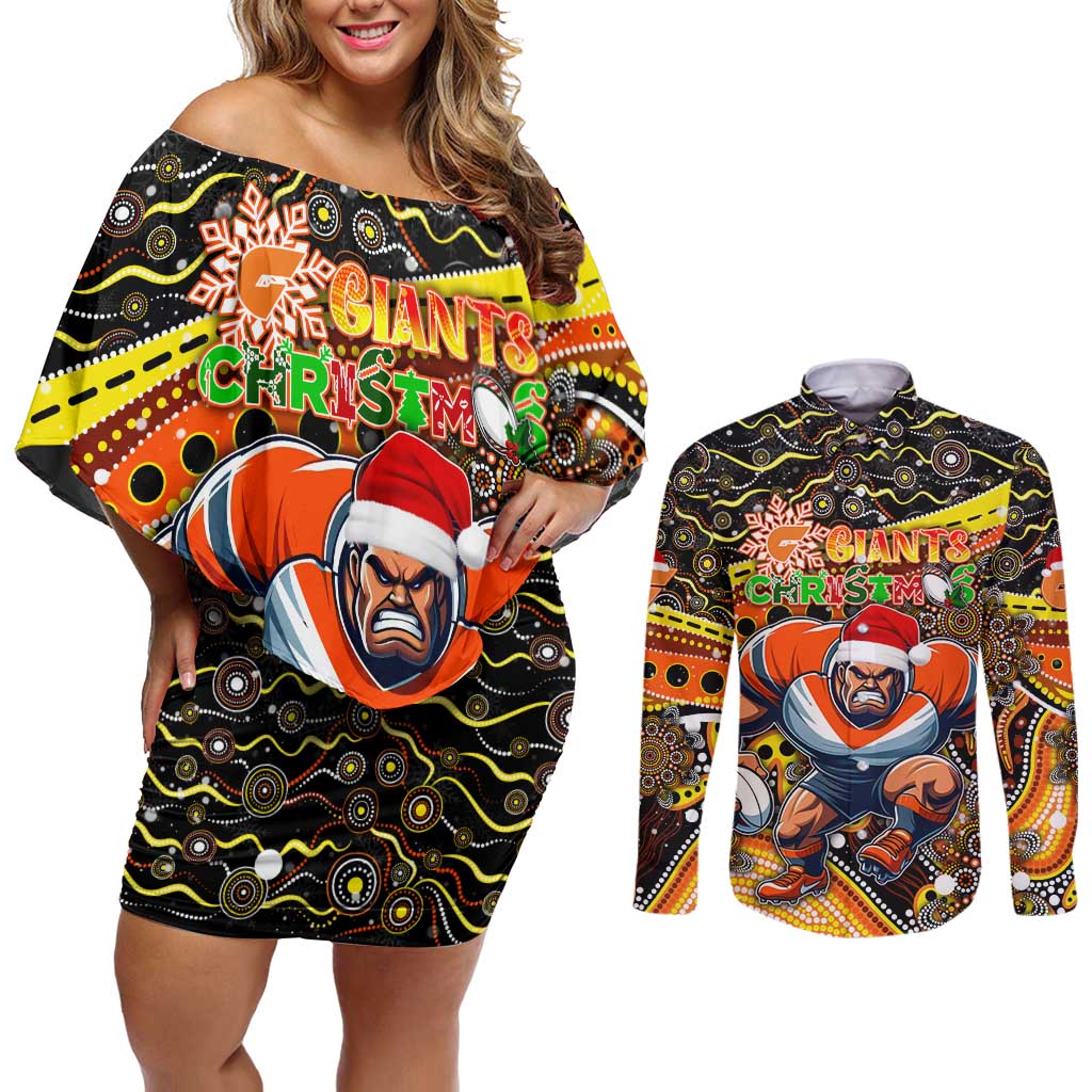 Merry Christmas AFL Giants Couples Matching Off Shoulder Short Dress and Long Sleeve Button Shirt Aboriginal Santa Football Mascot