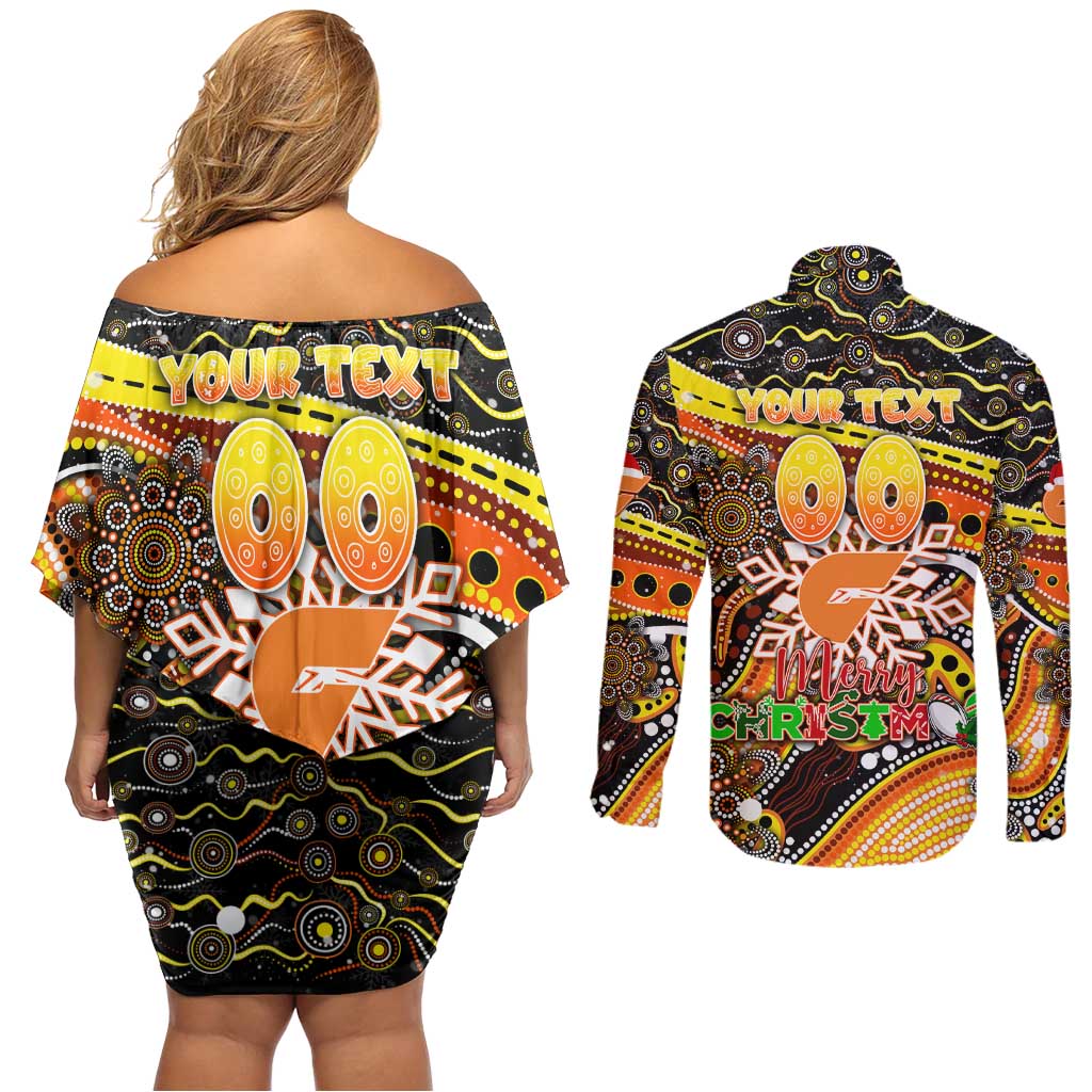 Merry Christmas AFL Giants Couples Matching Off Shoulder Short Dress and Long Sleeve Button Shirt Aboriginal Santa Football Mascot