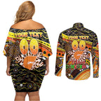 Merry Christmas AFL Giants Couples Matching Off Shoulder Short Dress and Long Sleeve Button Shirt Aboriginal Santa Football Mascot