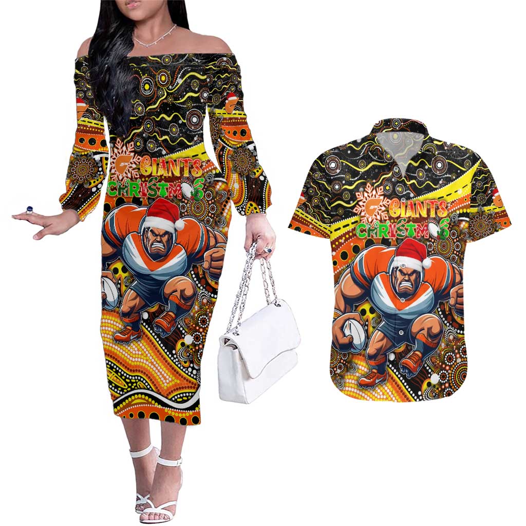 Merry Christmas AFL Giants Couples Matching Off The Shoulder Long Sleeve Dress and Hawaiian Shirt Aboriginal Santa Football Mascot