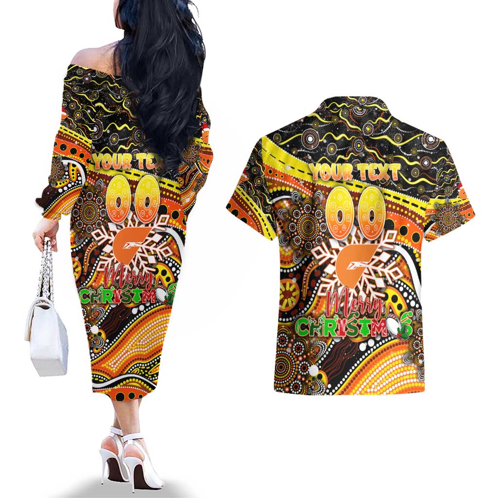 Merry Christmas AFL Giants Couples Matching Off The Shoulder Long Sleeve Dress and Hawaiian Shirt Aboriginal Santa Football Mascot