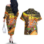 Merry Christmas AFL Giants Couples Matching Off The Shoulder Long Sleeve Dress and Hawaiian Shirt Aboriginal Santa Football Mascot