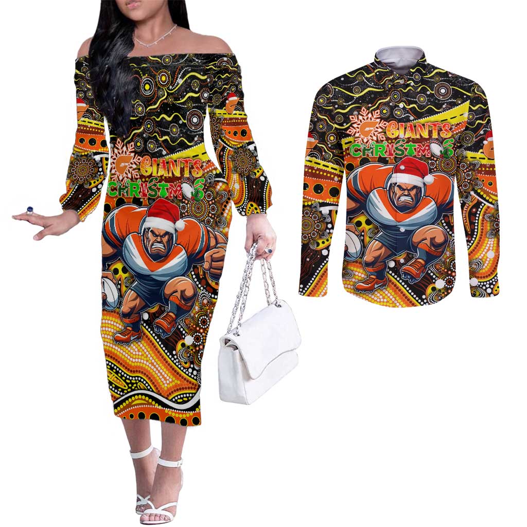 Merry Christmas AFL Giants Couples Matching Off The Shoulder Long Sleeve Dress and Long Sleeve Button Shirt Aboriginal Santa Football Mascot