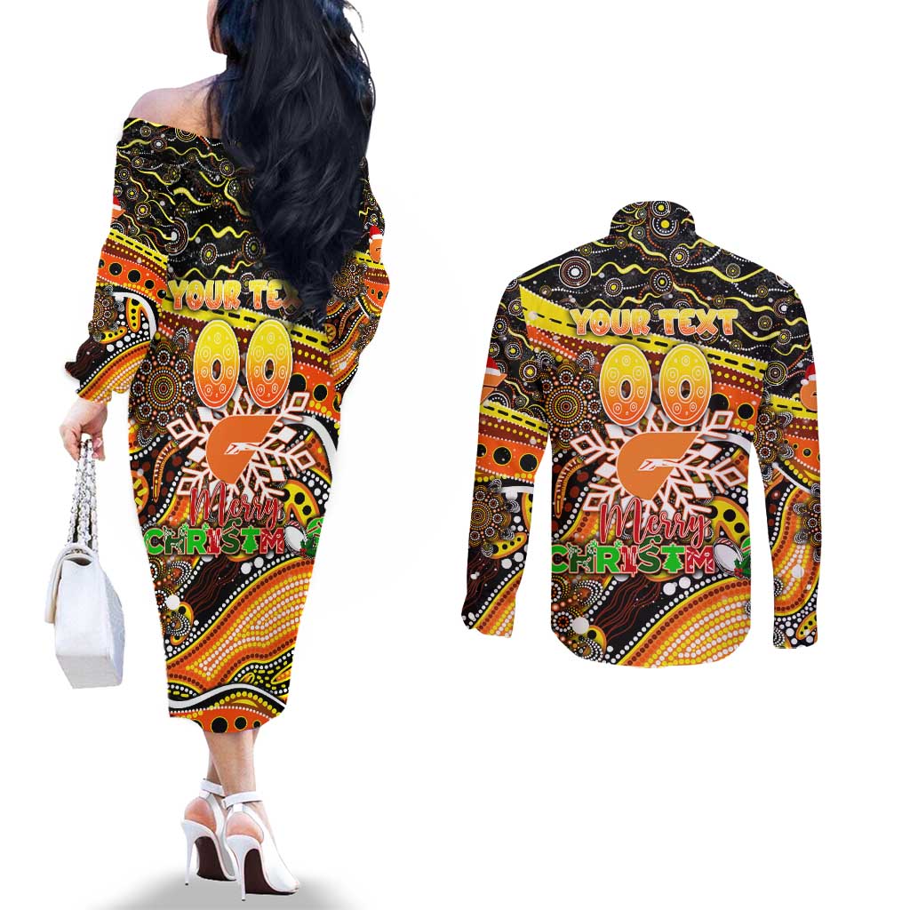 Merry Christmas AFL Giants Couples Matching Off The Shoulder Long Sleeve Dress and Long Sleeve Button Shirt Aboriginal Santa Football Mascot