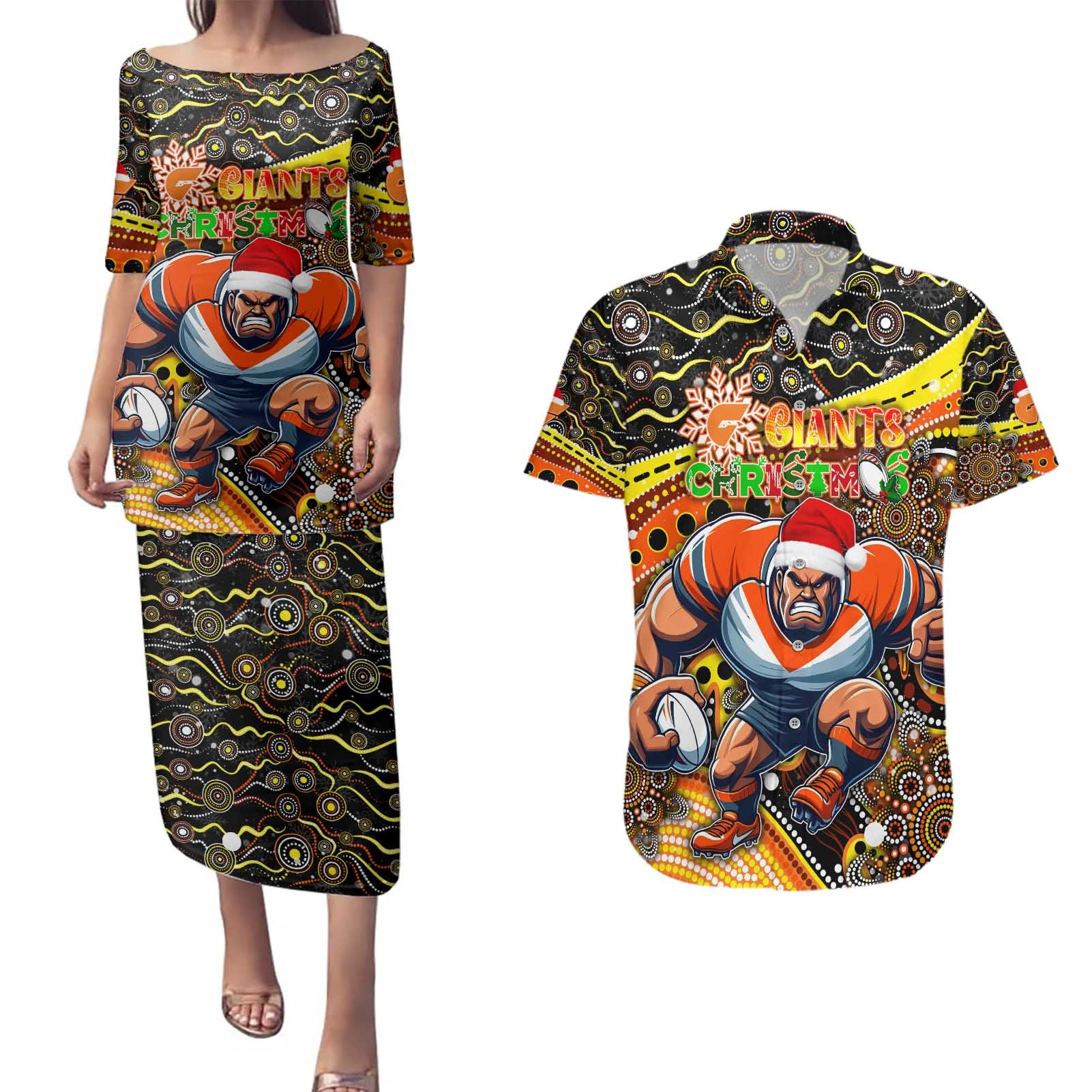 Merry Christmas AFL Giants Couples Matching Puletasi and Hawaiian Shirt Aboriginal Santa Football Mascot