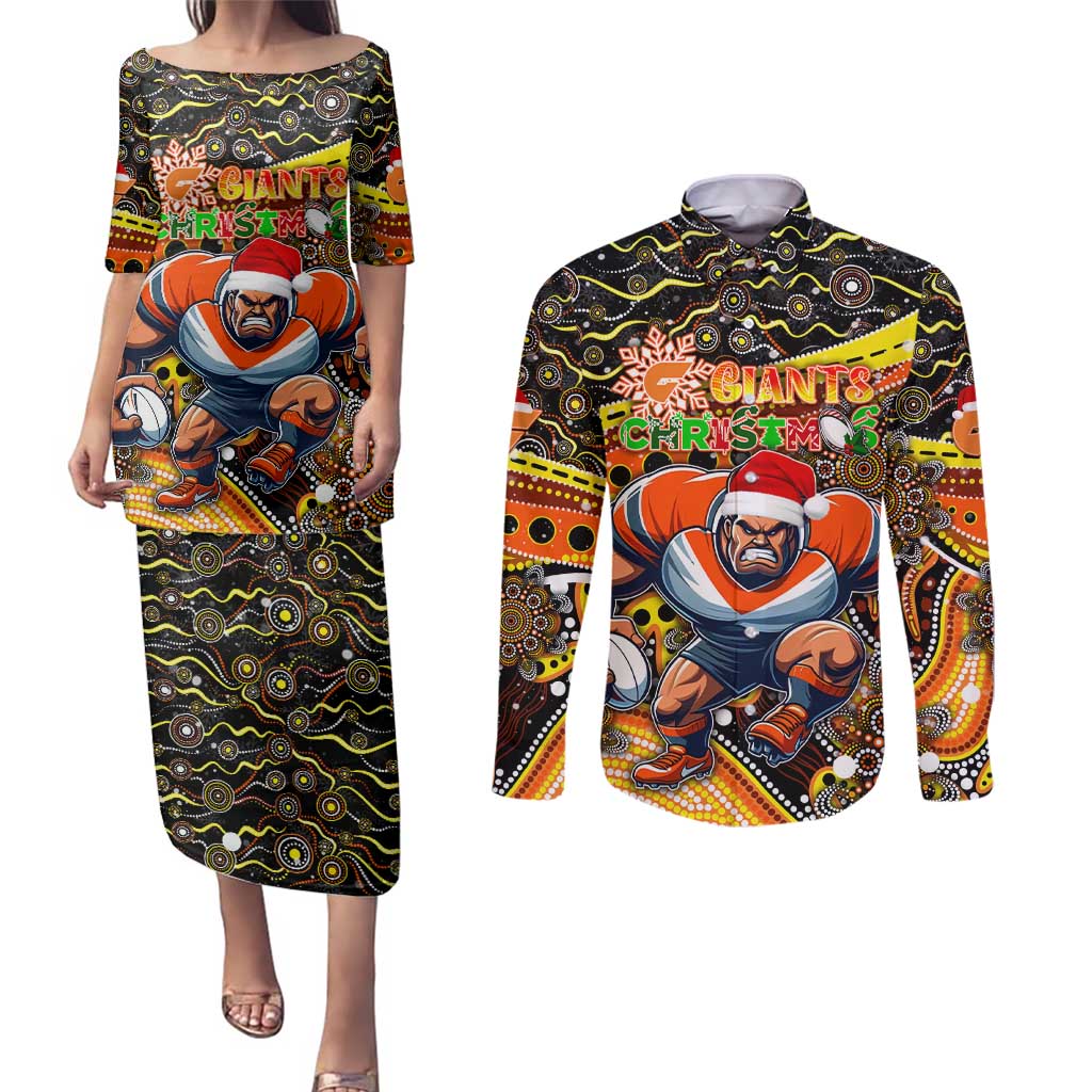 Merry Christmas AFL Giants Couples Matching Puletasi and Long Sleeve Button Shirt Aboriginal Santa Football Mascot