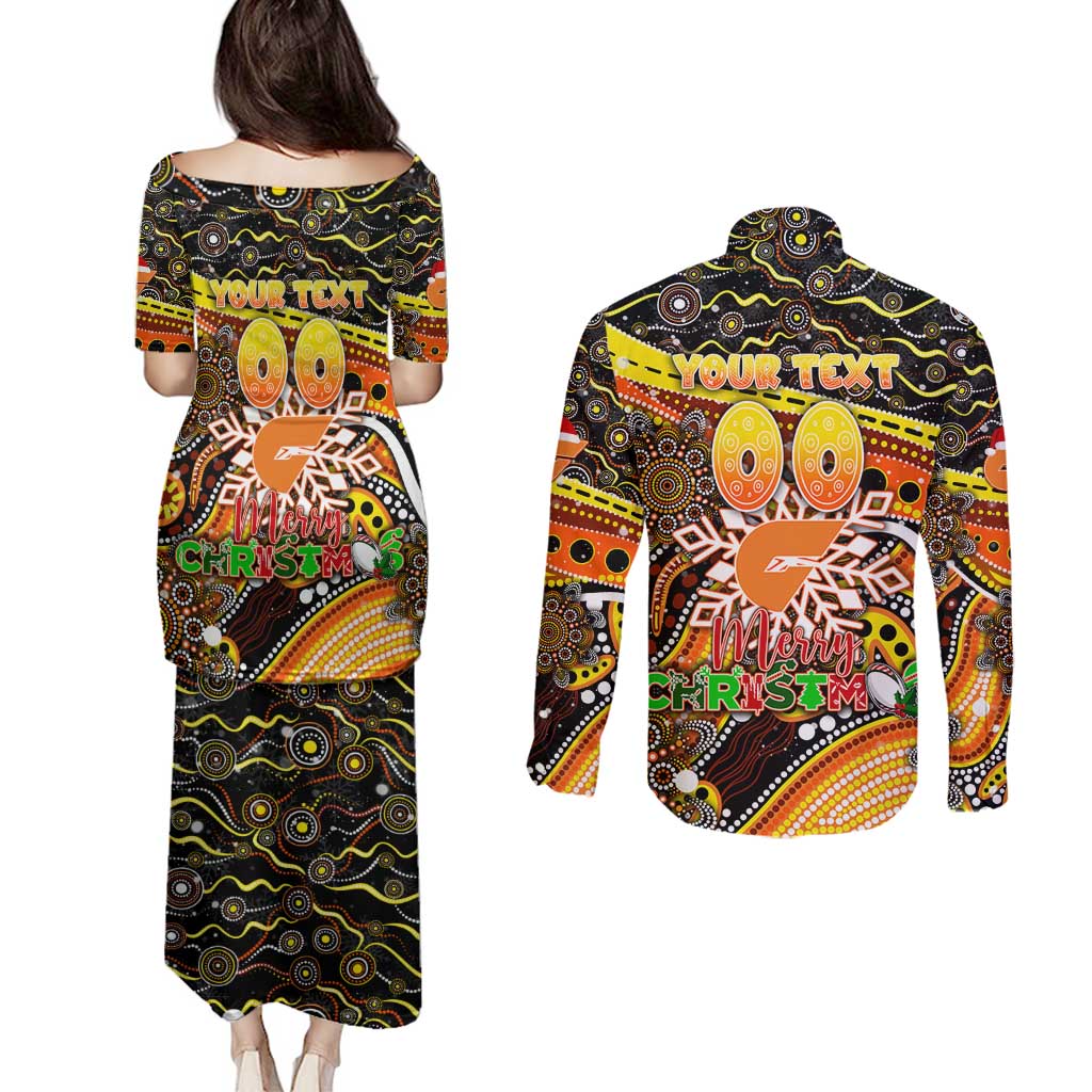 Merry Christmas AFL Giants Couples Matching Puletasi and Long Sleeve Button Shirt Aboriginal Santa Football Mascot
