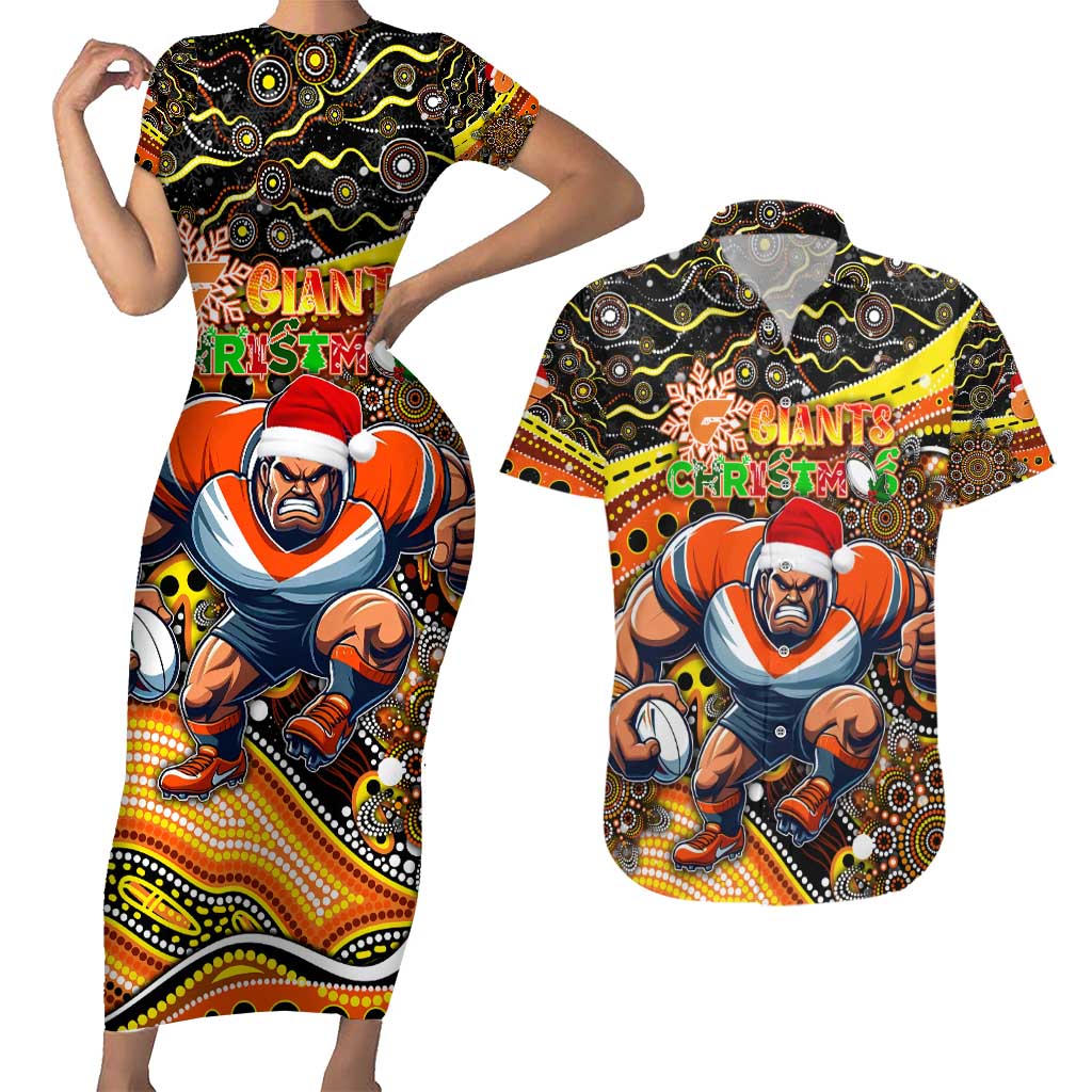Merry Christmas AFL Giants Couples Matching Short Sleeve Bodycon Dress and Hawaiian Shirt Aboriginal Santa Football Mascot