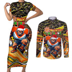 Merry Christmas AFL Giants Couples Matching Short Sleeve Bodycon Dress and Long Sleeve Button Shirt Aboriginal Santa Football Mascot