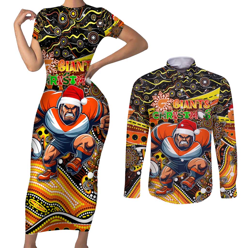 Merry Christmas AFL Giants Couples Matching Short Sleeve Bodycon Dress and Long Sleeve Button Shirt Aboriginal Santa Football Mascot