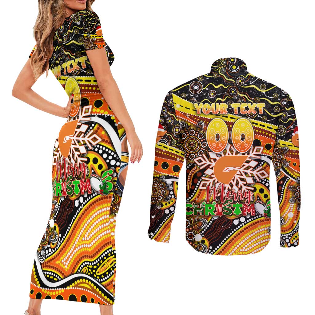 Merry Christmas AFL Giants Couples Matching Short Sleeve Bodycon Dress and Long Sleeve Button Shirt Aboriginal Santa Football Mascot