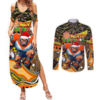 Merry Christmas AFL Giants Couples Matching Summer Maxi Dress and Long Sleeve Button Shirt Aboriginal Santa Football Mascot