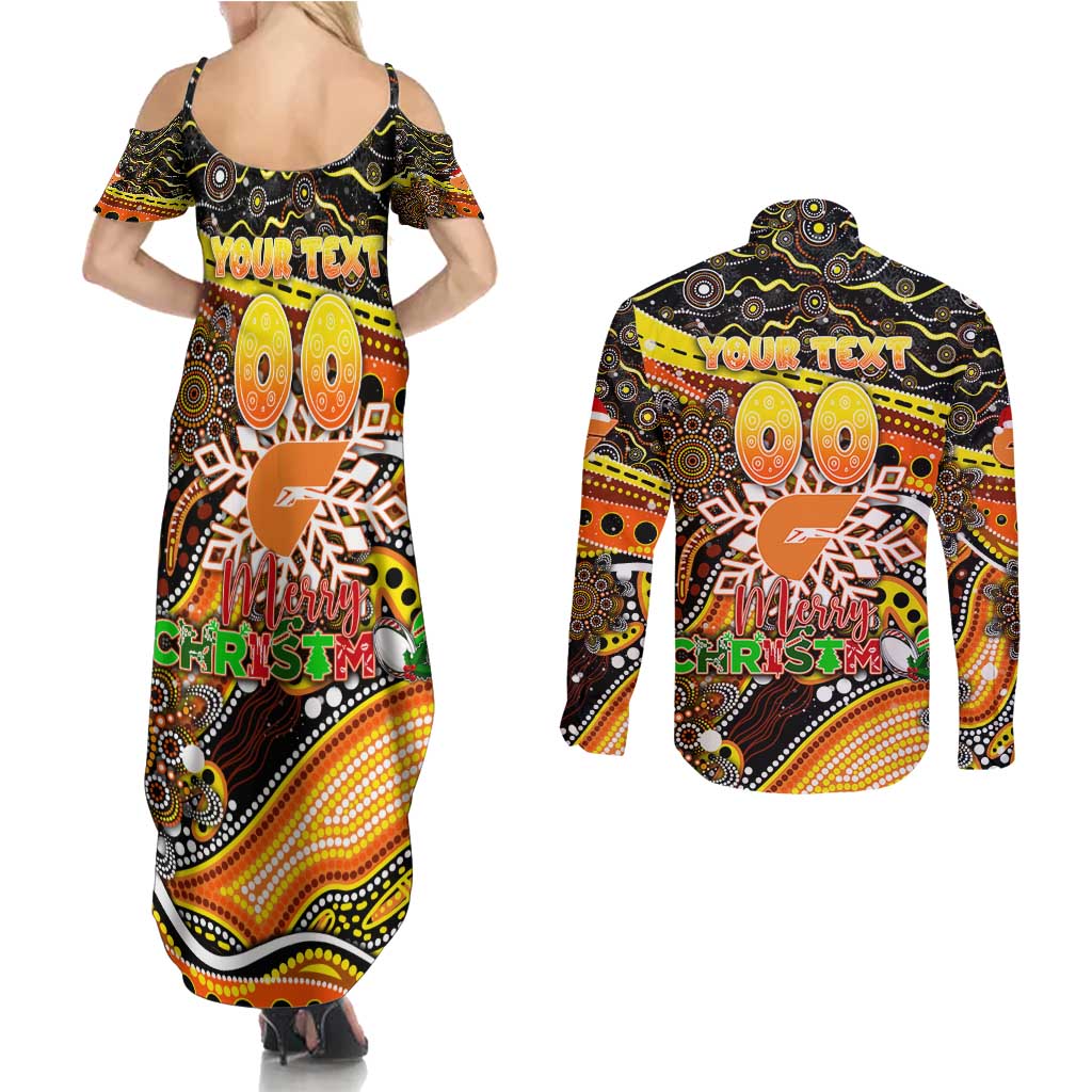 Merry Christmas AFL Giants Couples Matching Summer Maxi Dress and Long Sleeve Button Shirt Aboriginal Santa Football Mascot