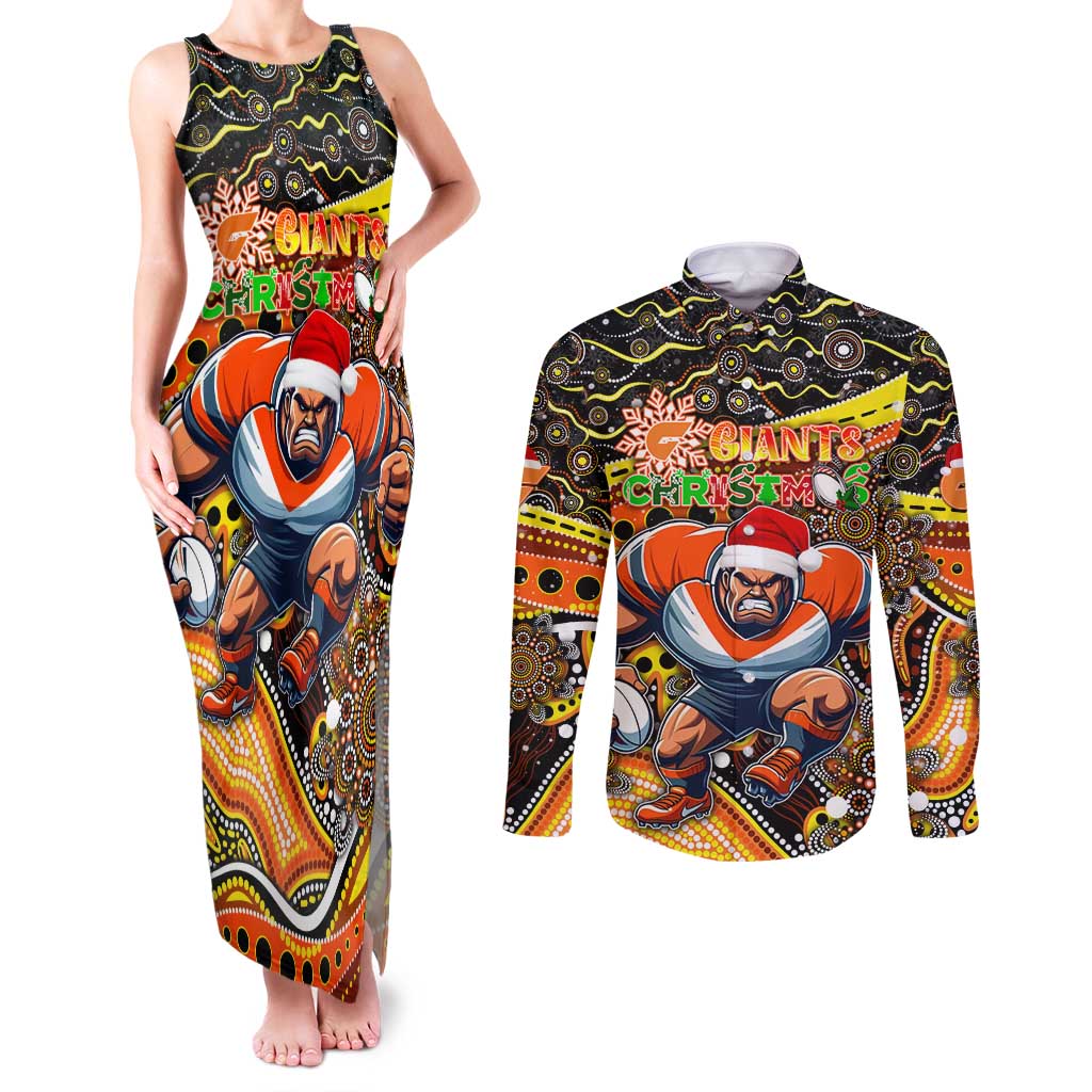 Merry Christmas AFL Giants Couples Matching Tank Maxi Dress and Long Sleeve Button Shirt Aboriginal Santa Football Mascot
