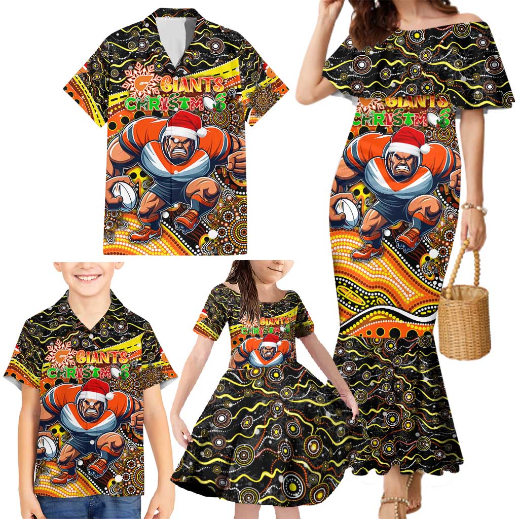 Merry Christmas AFL Giants Family Matching Mermaid Dress and Hawaiian Shirt Aboriginal Santa Football Mascot