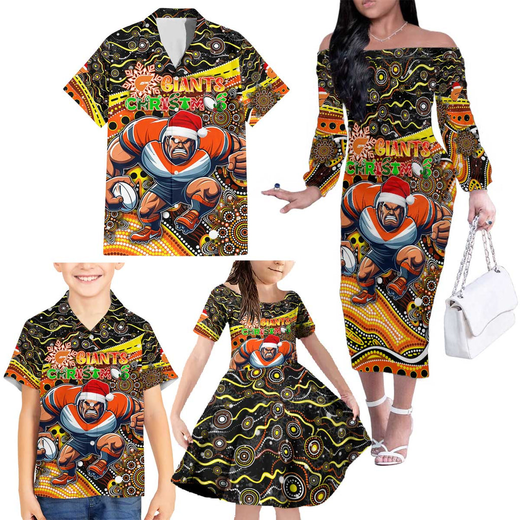 Merry Christmas AFL Giants Family Matching Off The Shoulder Long Sleeve Dress and Hawaiian Shirt Aboriginal Santa Football Mascot