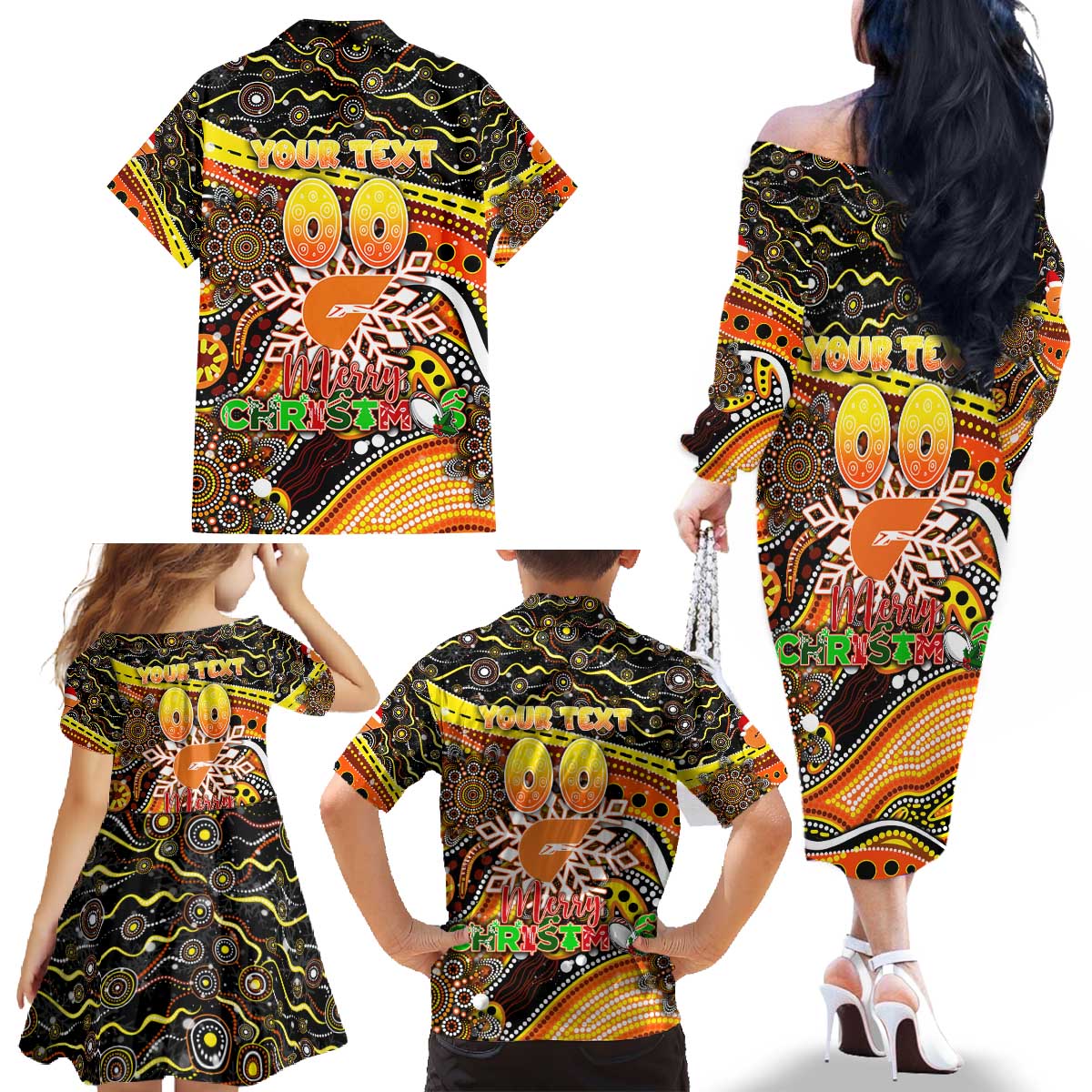Merry Christmas AFL Giants Family Matching Off The Shoulder Long Sleeve Dress and Hawaiian Shirt Aboriginal Santa Football Mascot