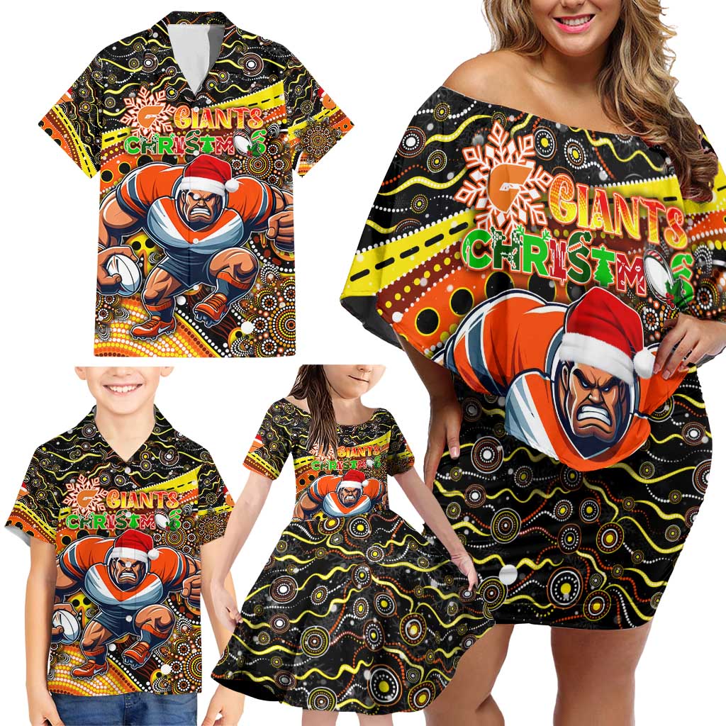 Merry Christmas AFL Giants Family Matching Off Shoulder Short Dress and Hawaiian Shirt Aboriginal Santa Football Mascot
