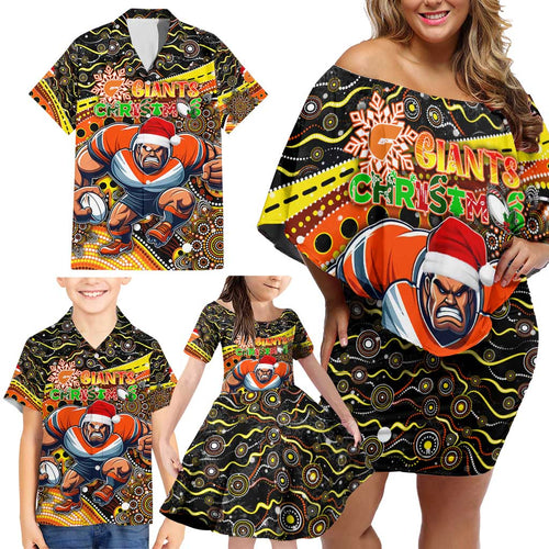 Merry Christmas AFL Giants Family Matching Off Shoulder Short Dress and Hawaiian Shirt Aboriginal Santa Football Mascot