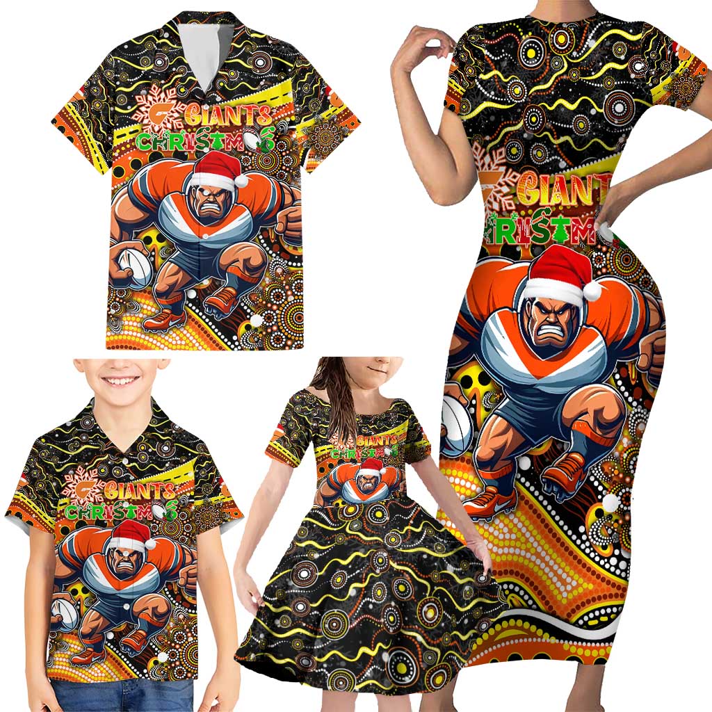 Merry Christmas AFL Giants Family Matching Short Sleeve Bodycon Dress and Hawaiian Shirt Aboriginal Santa Football Mascot