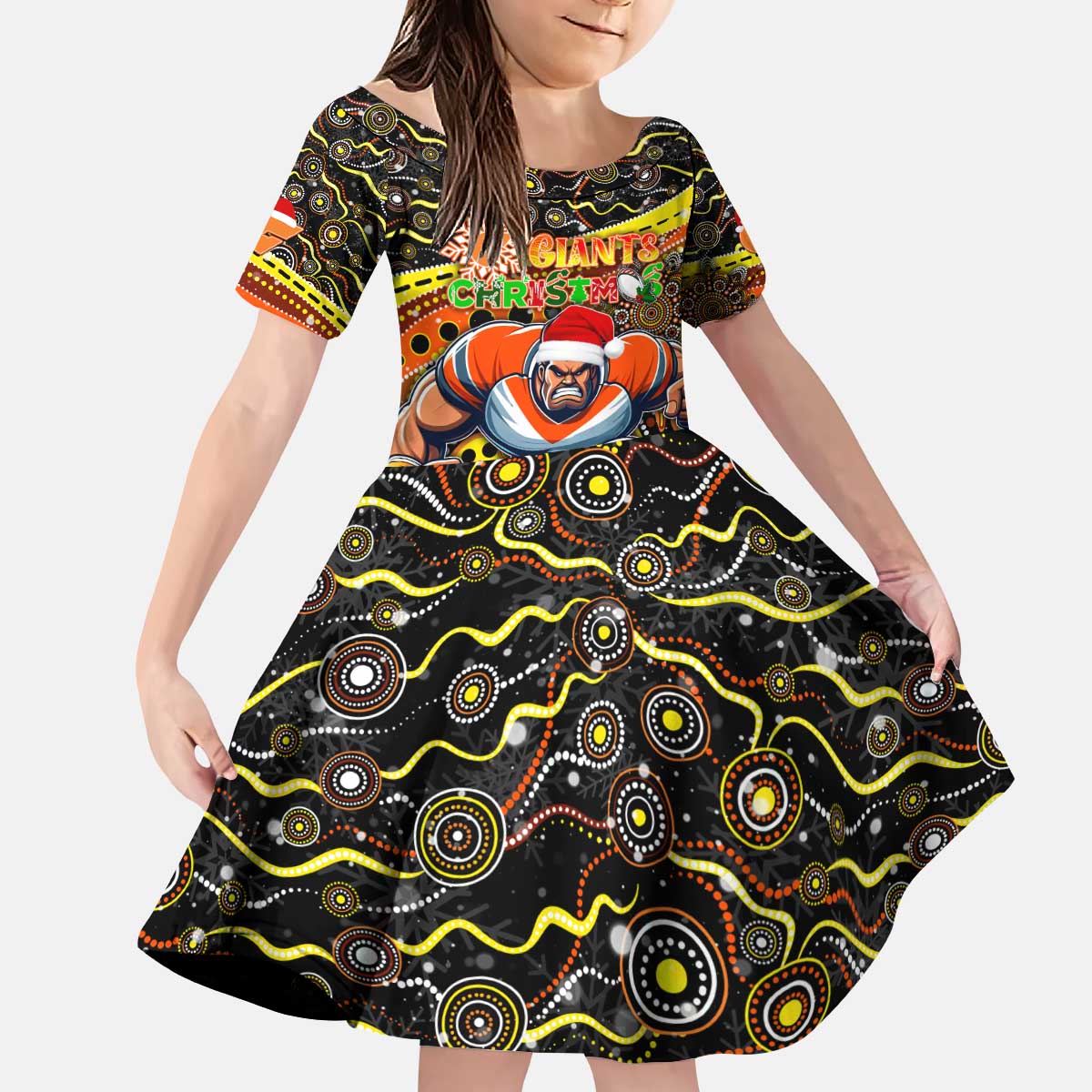 Merry Christmas AFL Giants Kid Short Sleeve Dress Aboriginal Santa Football Mascot