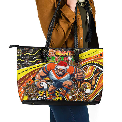 Merry Christmas AFL Giants Leather Tote Bag Aboriginal Santa Football Mascot