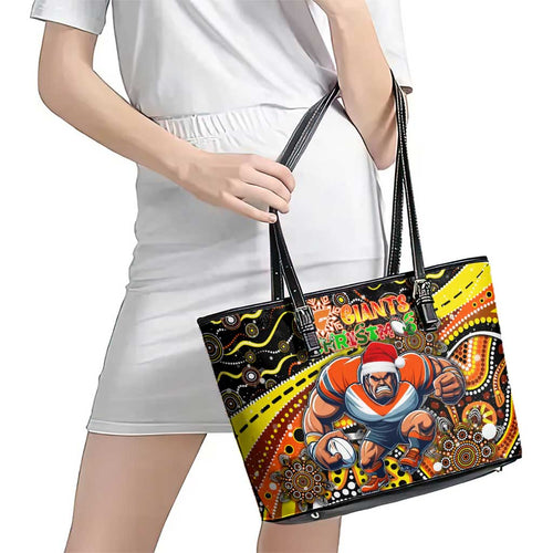 Merry Christmas AFL Giants Leather Tote Bag Aboriginal Santa Football Mascot