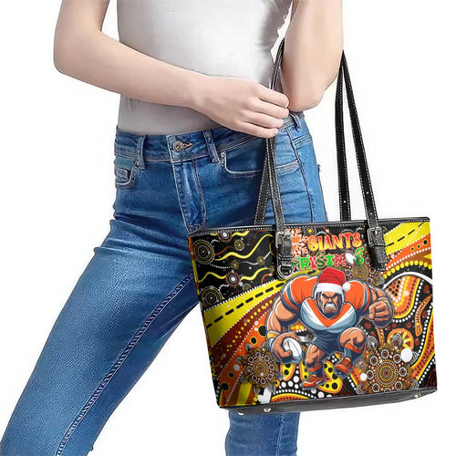 Merry Christmas AFL Giants Leather Tote Bag Aboriginal Santa Football Mascot