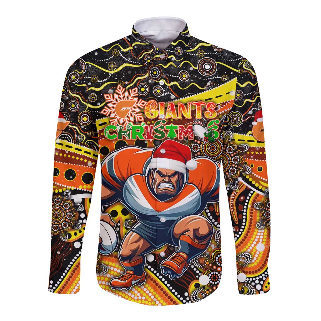 Merry Christmas AFL Giants Long Sleeve Button Shirt Aboriginal Santa Football Mascot