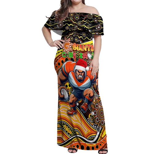 Merry Christmas AFL Giants Off Shoulder Maxi Dress Aboriginal Santa Football Mascot