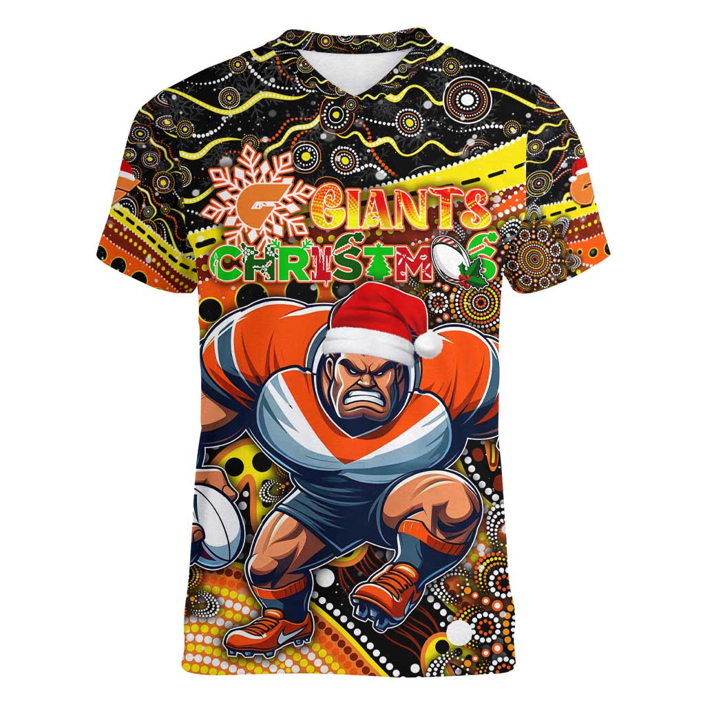 Merry Christmas AFL Giants Women V-Neck T-Shirt Aboriginal Santa Football Mascot