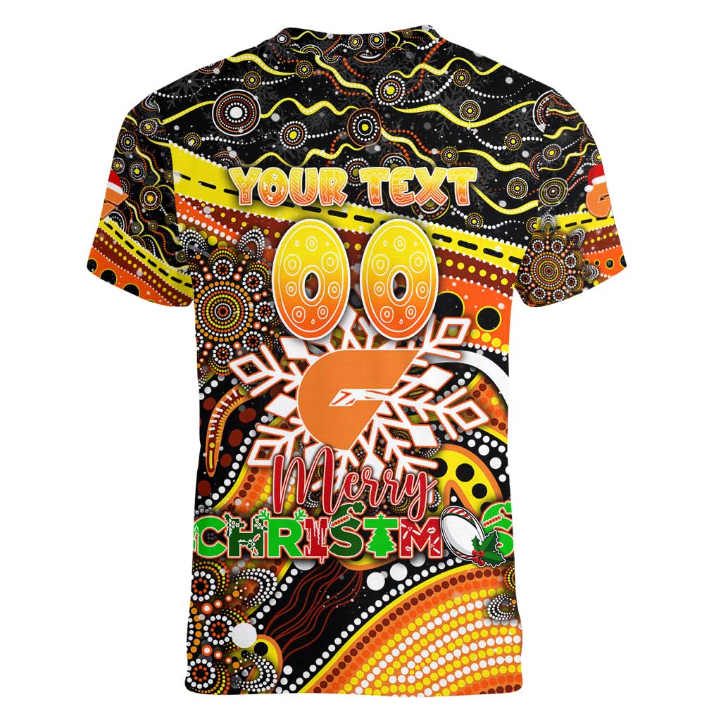 Merry Christmas AFL Giants Women V-Neck T-Shirt Aboriginal Santa Football Mascot