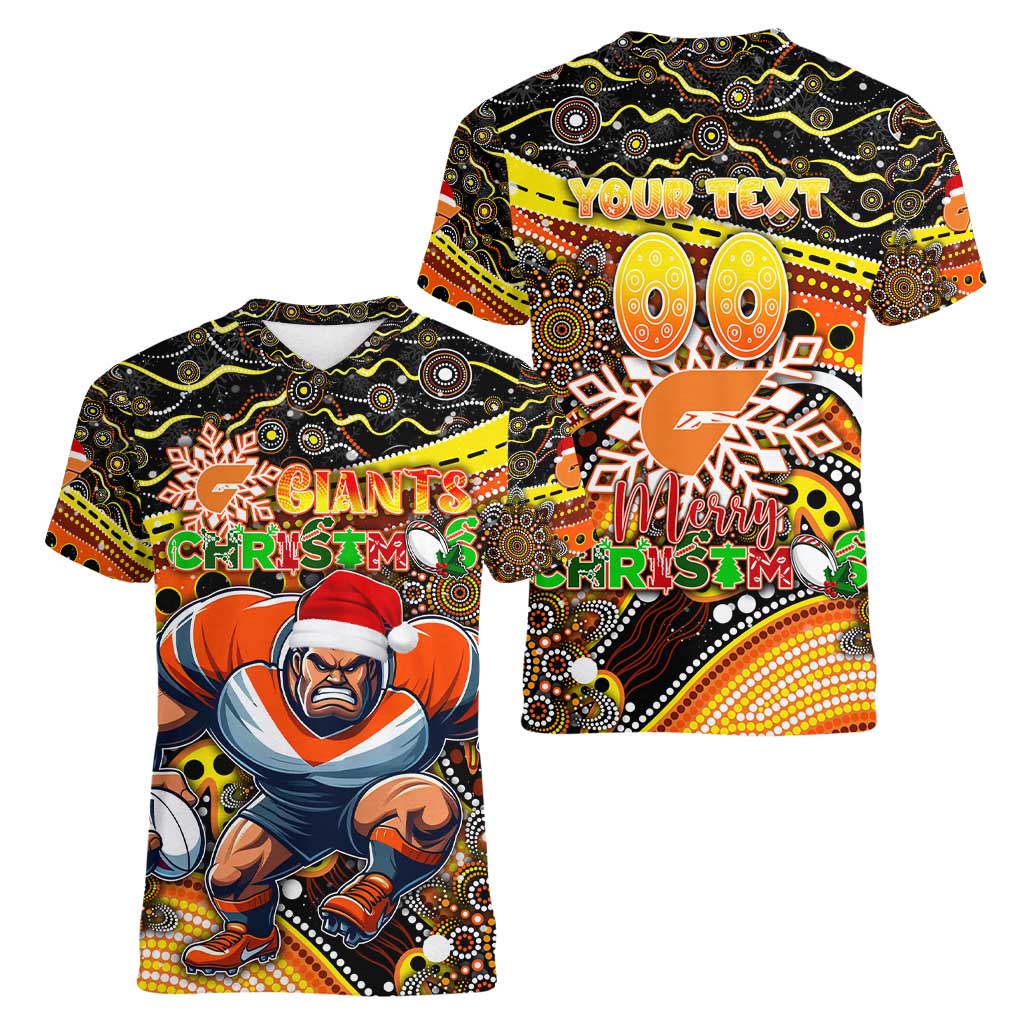 Merry Christmas AFL Giants Women V-Neck T-Shirt Aboriginal Santa Football Mascot