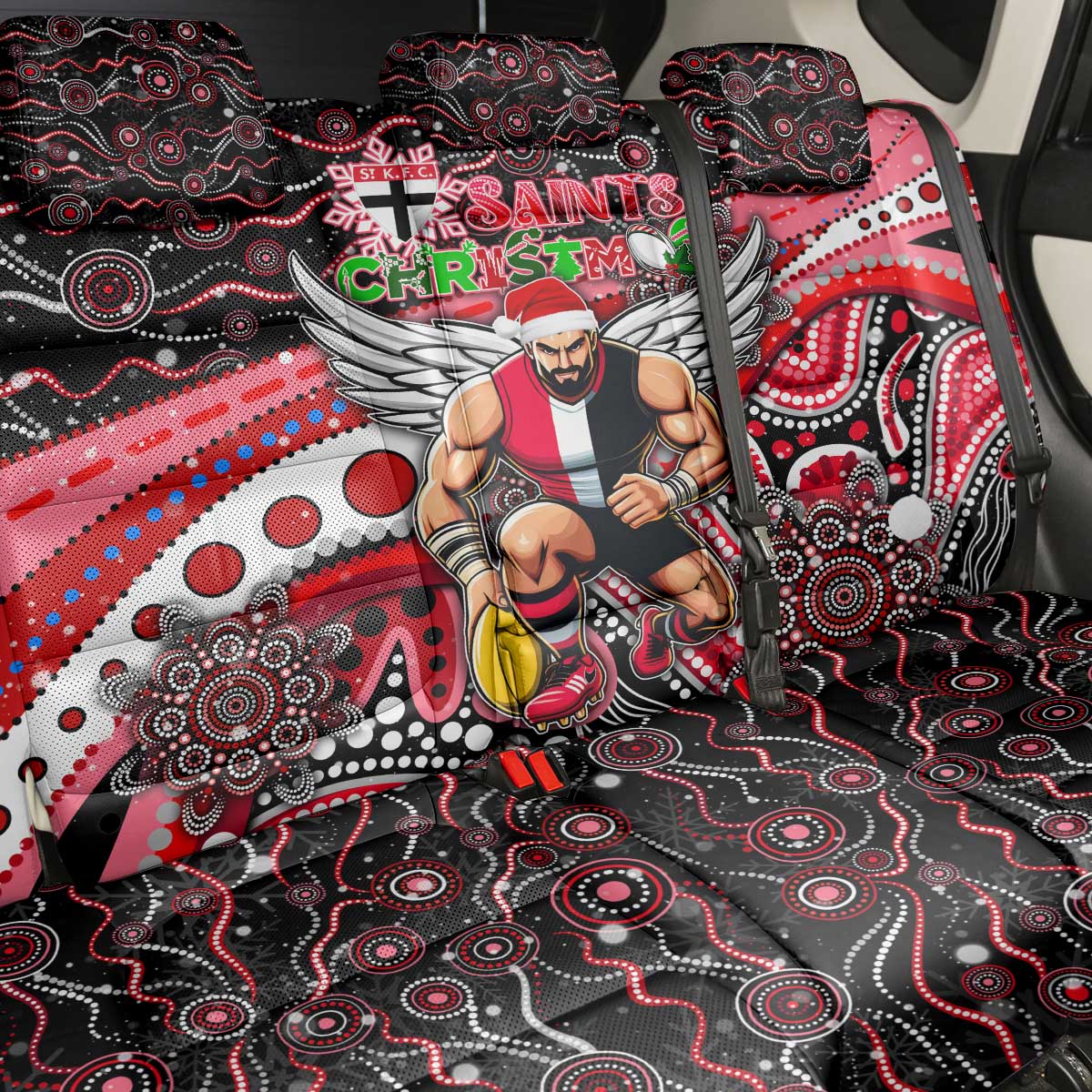 Merry Christmas AFL Saints Back Car Seat Cover Aboriginal Santa Football Mascot