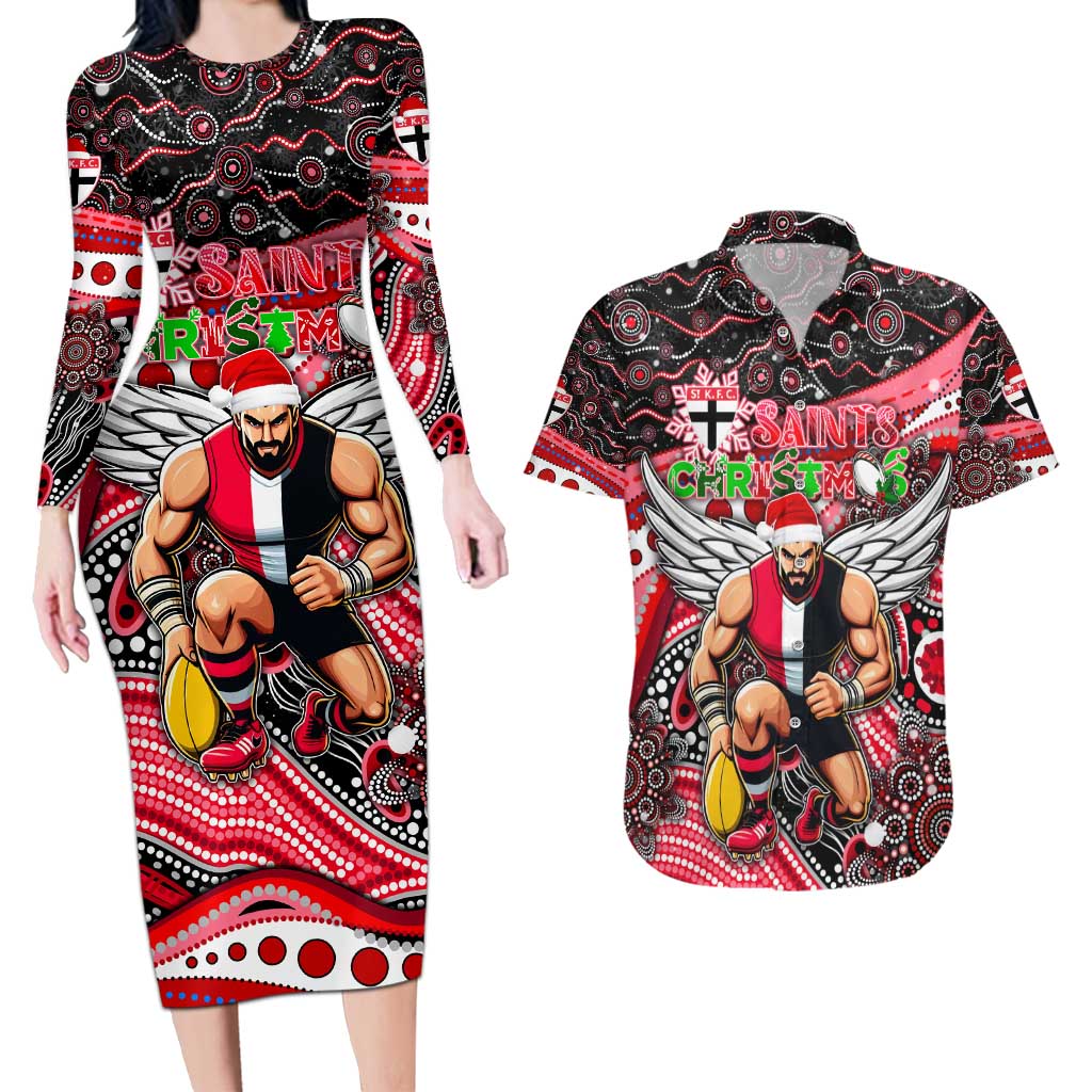 Merry Christmas AFL Saints Couples Matching Long Sleeve Bodycon Dress and Hawaiian Shirt Aboriginal Santa Football Mascot