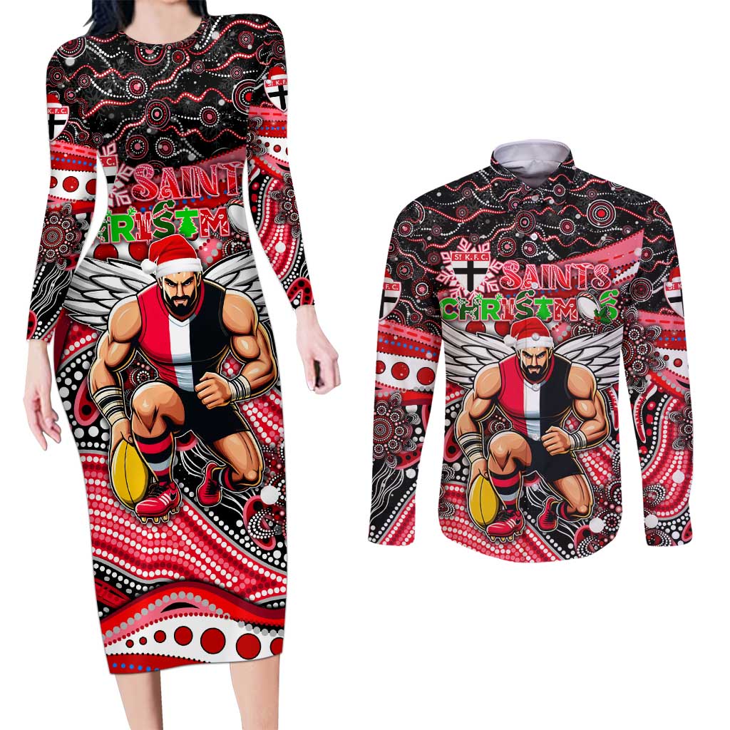 Merry Christmas AFL Saints Couples Matching Long Sleeve Bodycon Dress and Long Sleeve Button Shirt Aboriginal Santa Football Mascot