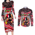 Merry Christmas AFL Saints Couples Matching Long Sleeve Bodycon Dress and Long Sleeve Button Shirt Aboriginal Santa Football Mascot