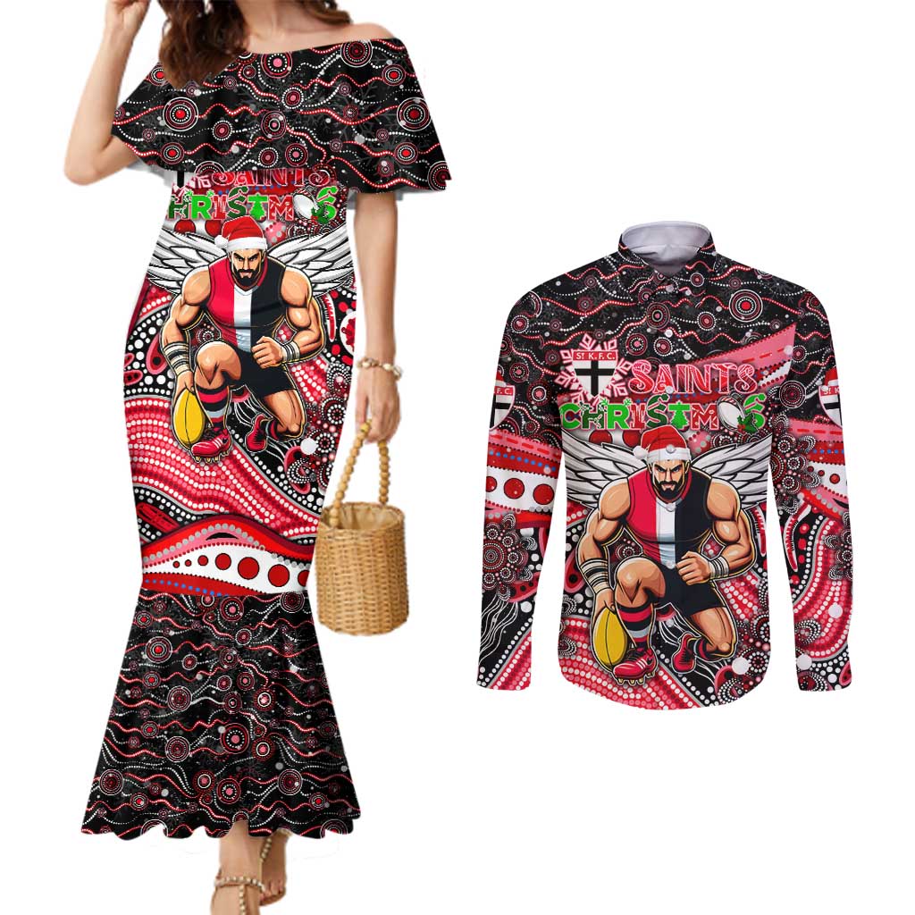Merry Christmas AFL Saints Couples Matching Mermaid Dress and Long Sleeve Button Shirt Aboriginal Santa Football Mascot