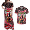 Merry Christmas AFL Saints Couples Matching Off Shoulder Maxi Dress and Hawaiian Shirt Aboriginal Santa Football Mascot