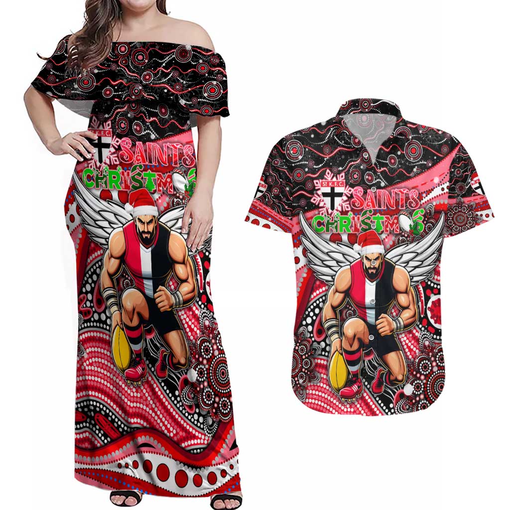 Merry Christmas AFL Saints Couples Matching Off Shoulder Maxi Dress and Hawaiian Shirt Aboriginal Santa Football Mascot