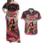 Merry Christmas AFL Saints Couples Matching Off Shoulder Maxi Dress and Hawaiian Shirt Aboriginal Santa Football Mascot