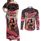 Merry Christmas AFL Saints Couples Matching Off Shoulder Maxi Dress and Long Sleeve Button Shirt Aboriginal Santa Football Mascot