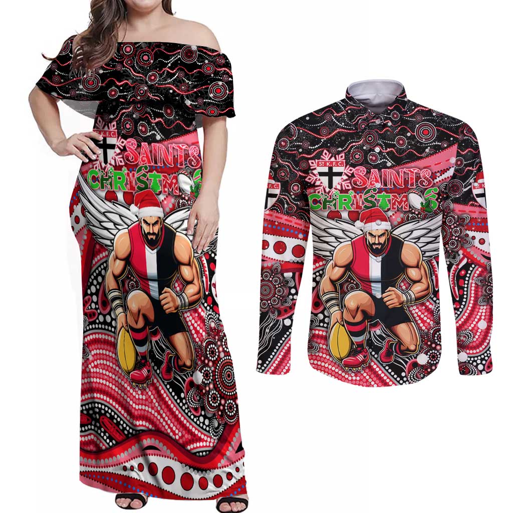 Merry Christmas AFL Saints Couples Matching Off Shoulder Maxi Dress and Long Sleeve Button Shirt Aboriginal Santa Football Mascot