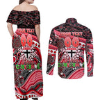 Merry Christmas AFL Saints Couples Matching Off Shoulder Maxi Dress and Long Sleeve Button Shirt Aboriginal Santa Football Mascot