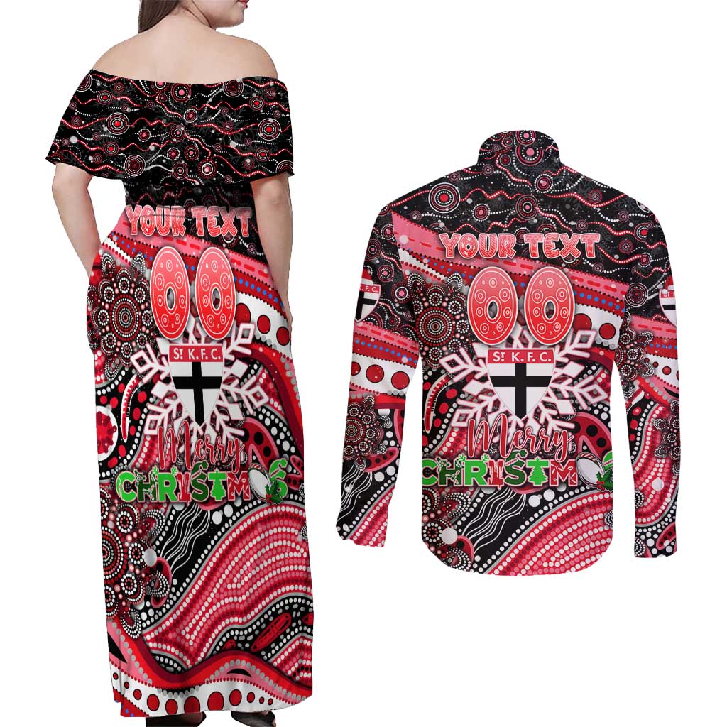 Merry Christmas AFL Saints Couples Matching Off Shoulder Maxi Dress and Long Sleeve Button Shirt Aboriginal Santa Football Mascot