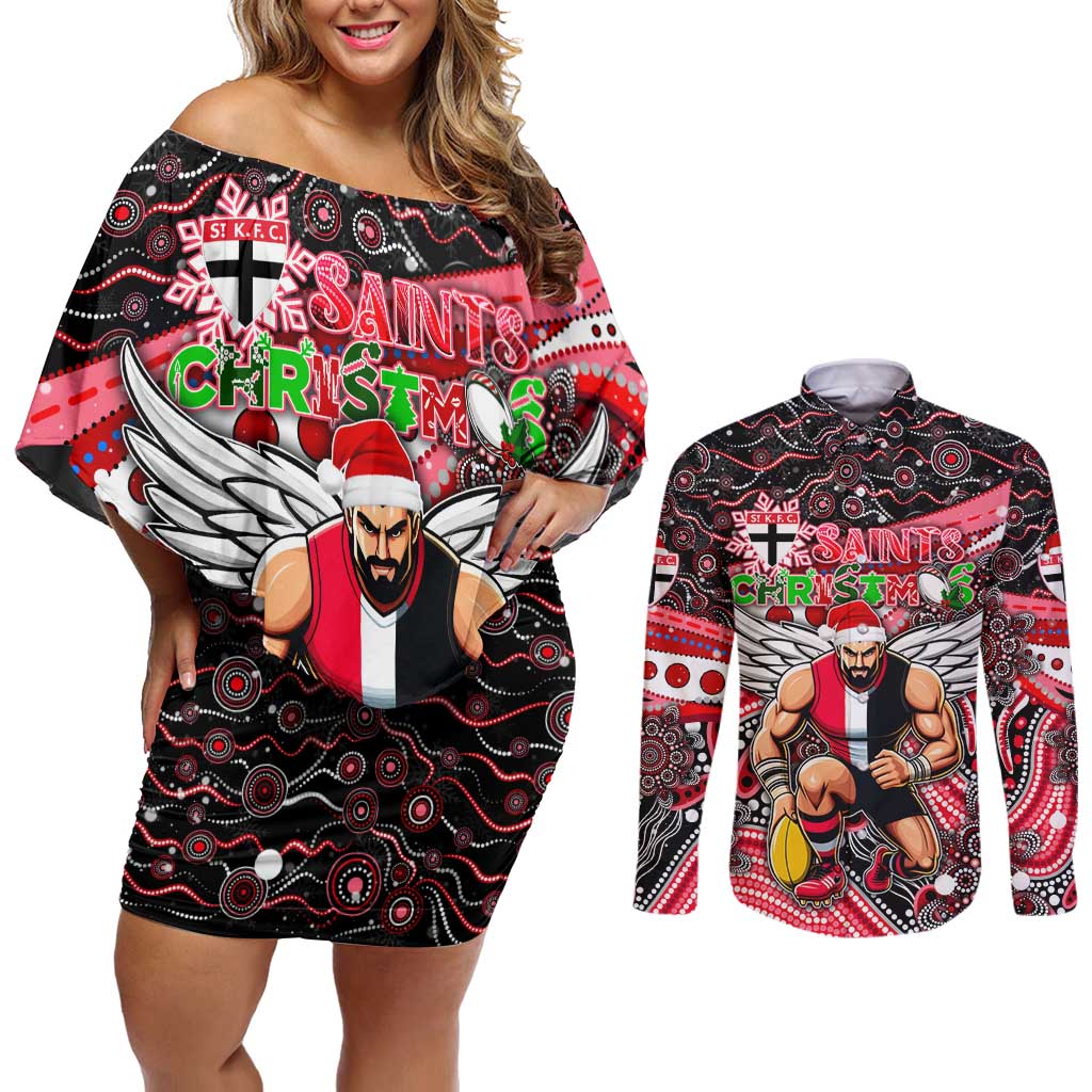 Merry Christmas AFL Saints Couples Matching Off Shoulder Short Dress and Long Sleeve Button Shirt Aboriginal Santa Football Mascot