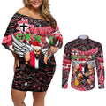 Merry Christmas AFL Saints Couples Matching Off Shoulder Short Dress and Long Sleeve Button Shirt Aboriginal Santa Football Mascot