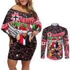 Merry Christmas AFL Saints Couples Matching Off Shoulder Short Dress and Long Sleeve Button Shirt Aboriginal Santa Football Mascot