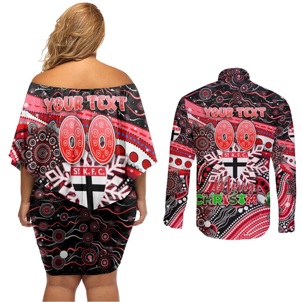 Merry Christmas AFL Saints Couples Matching Off Shoulder Short Dress and Long Sleeve Button Shirt Aboriginal Santa Football Mascot
