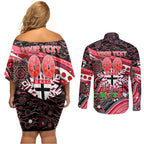 Merry Christmas AFL Saints Couples Matching Off Shoulder Short Dress and Long Sleeve Button Shirt Aboriginal Santa Football Mascot
